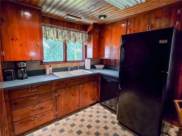 1638 Lake Rd, Pa, PA 16137 - kitchen featuring black appliances, light floors, wood ceiling, brown cabinetry, and wood walls