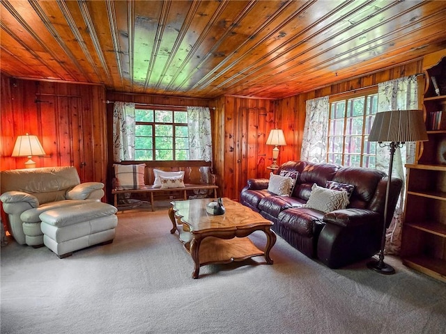 1638 Lake Rd, Pa, PA 16137 - living room featuring wood ceiling, wooden walls, and carpet floors