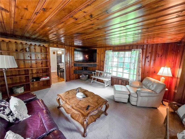 1638 Lake Rd, Pa, PA 16137 - living area with wooden ceiling, wood walls, and carpet floors