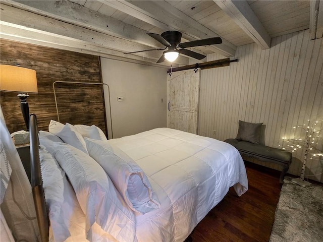 1638 Lake Rd, Pa, PA 16137 - bedroom featuring wooden walls, wood finished floors, a wood ceiling with exposed beams, and a ceiling fan