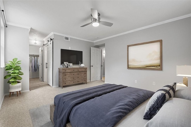 105 Camelot Dr, Mccandless, PA 15237 - carpeted bedroom with a barn door, crown molding, and ceiling fan