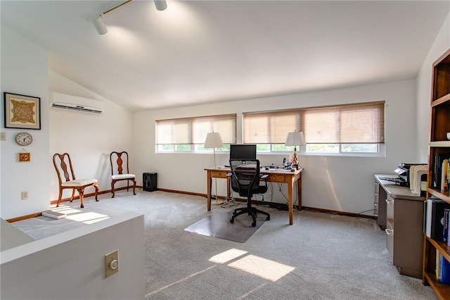 311 Oxbridge Ct, Ohara, PA 15238 - carpeted home office featuring a wall unit AC, lofted ceiling, and rail lighting