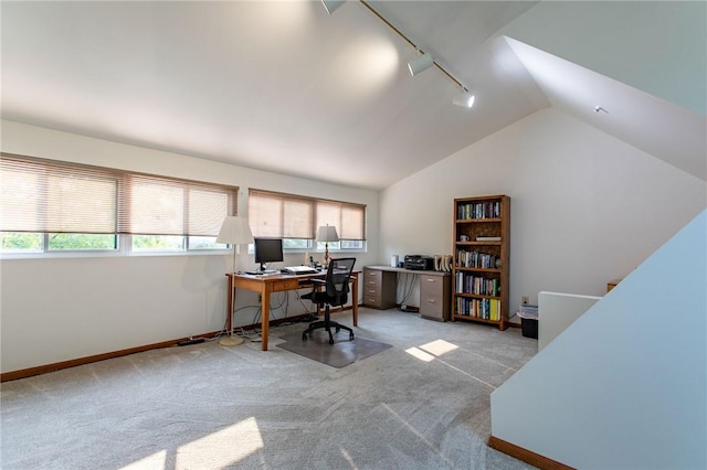 311 Oxbridge Ct, Ohara, PA 15238 - carpeted home office featuring rail lighting, vaulted ceiling, and plenty of natural light
