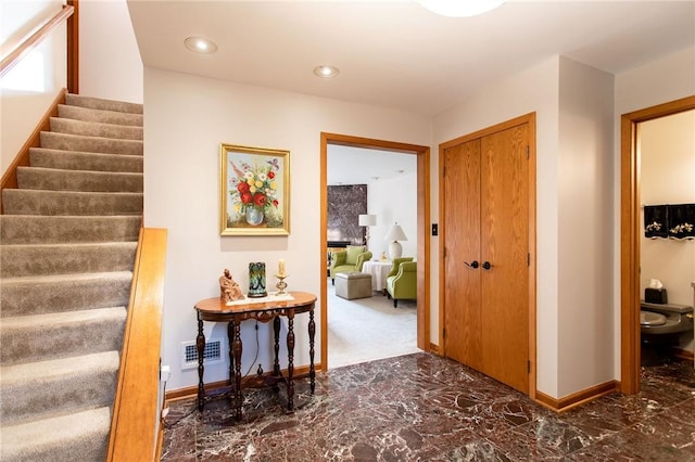 311 Oxbridge Ct, Ohara, PA 15238 - corridor with marble finish floors, stairs, and recessed lighting