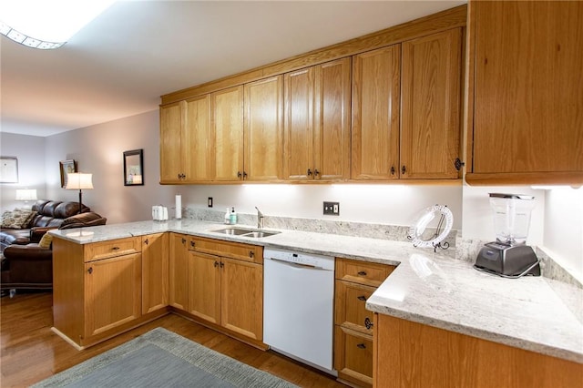 311 Oxbridge Ct, Ohara, PA 15238 - kitchen with dishwasher, a peninsula, wood finished floors, open floor plan, and light stone counters