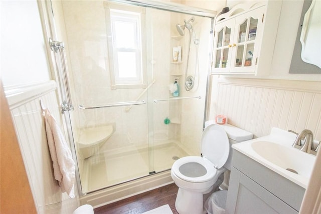 502 Lebanon Manor Dr, West Mifflin, PA 15122 - bathroom featuring a shower stall, vanity, and wood finished floors
