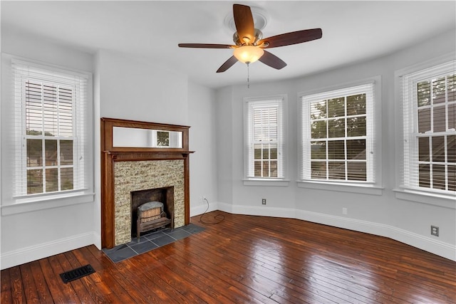122 Haldane St, Crafton, PA 15205 - unfurnished living room featuring hardwood / wood-style flooring, ceiling fan, and a fireplace