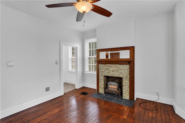 122 Haldane St, Crafton, PA 15205 - unfurnished living room with hardwood / wood-style flooring, a ceiling fan, and a tile fireplace