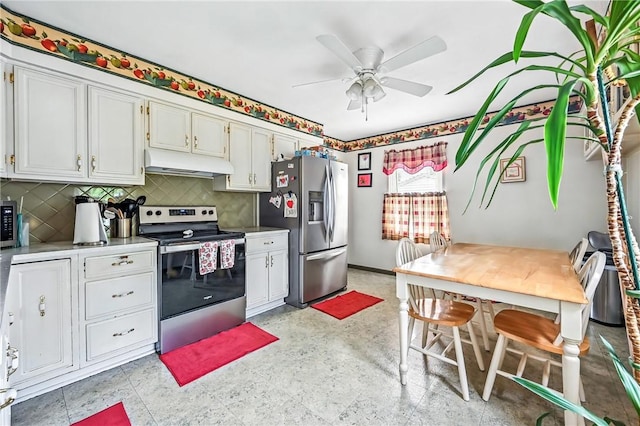965 Dalton Ave, Hermitage, PA 16148 - kitchen featuring appliances with stainless steel finishes, under cabinet range hood, a ceiling fan, decorative backsplash, and light countertops