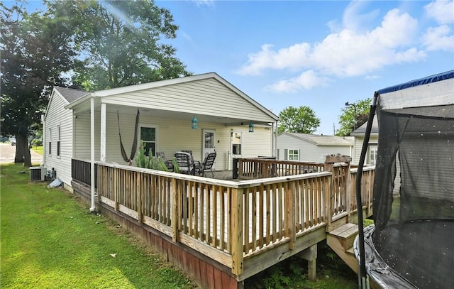 965 Dalton Ave, Hermitage, PA 16148 - back of property with a trampoline, a lawn, and a deck