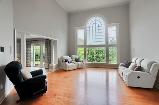 4127 Duckhorn Dr, Moon/Crescent Twp, PA 15108 - living room with a high ceiling, decorative columns, and wood finished floors