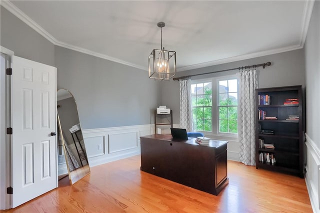 4127 Duckhorn Dr, Moon/Crescent Twp, PA 15108 - office space with crown molding, light wood-style floors, a chandelier, wainscoting, and arched walkways