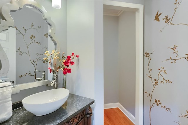 4127 Duckhorn Dr, Moon/Crescent Twp, PA 15108 - bathroom with wood finished floors, vanity, and ornamental molding