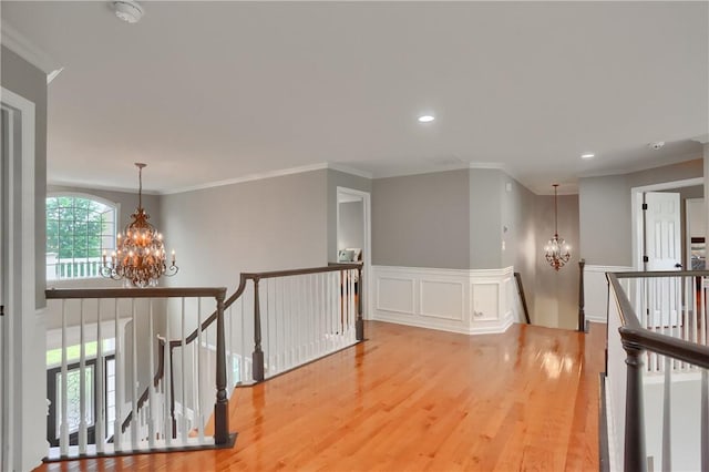 4127 Duckhorn Dr, Moon/Crescent Twp, PA 15108 - corridor featuring an upstairs landing, a chandelier, light wood-style floors, crown molding, and recessed lighting
