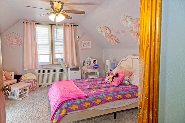 1109 N 2nd St, Jeannette, PA 15644 - bedroom with vaulted ceiling, carpet, radiator heating unit, and a ceiling fan