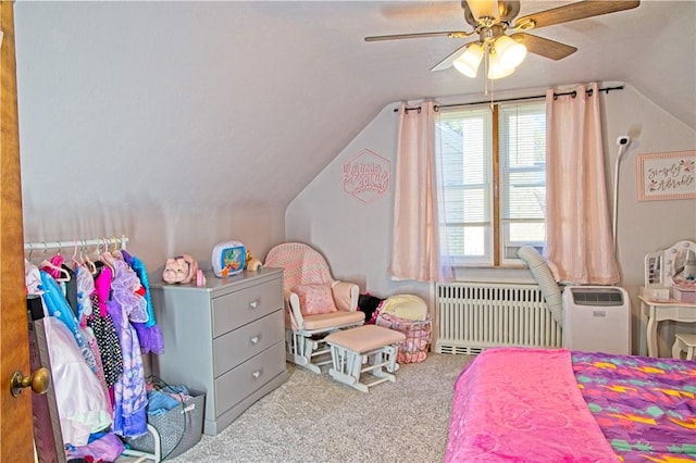 1109 N 2nd St, Jeannette, PA 15644 - carpeted bedroom with lofted ceiling, radiator, and a ceiling fan