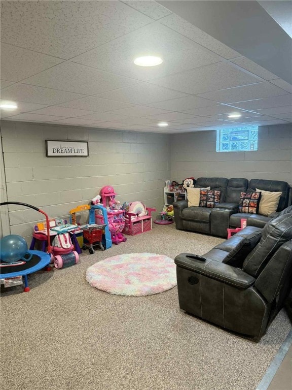 1109 N 2nd St, Jeannette, PA 15644 - rec room with carpet, a paneled ceiling, and concrete block wall