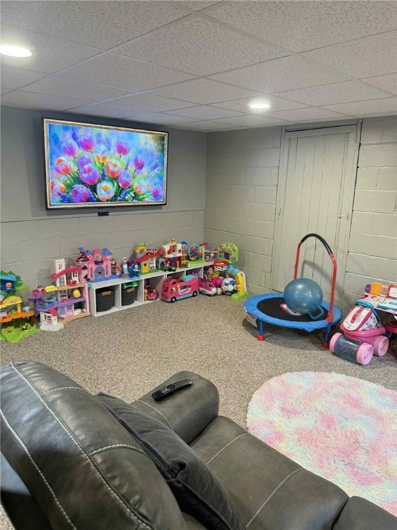 1109 N 2nd St, Jeannette, PA 15644 - recreation room with carpet, concrete block wall, and a drop ceiling