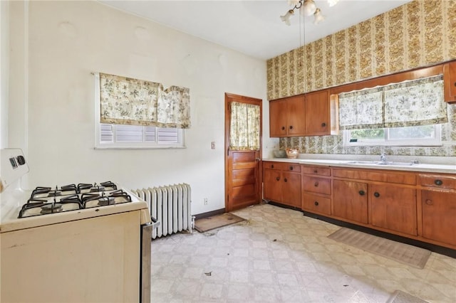 518 N Saint Clair St, East Liberty, PA 15206 - kitchen with radiator heating unit, white range with gas stovetop, light floors, and light countertops