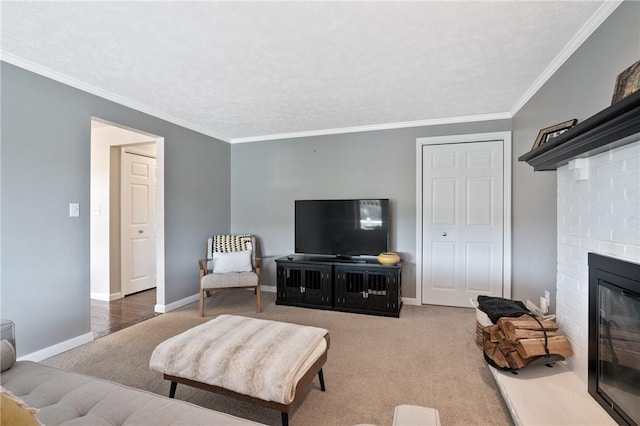 249 Clare Dr, North Strabane, PA 15317 - living room featuring carpet, ornamental molding, a brick fireplace, and a textured ceiling
