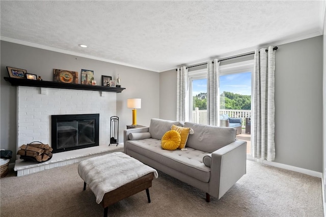 249 Clare Dr, North Strabane, PA 15317 - living area featuring crown molding, a textured ceiling, light carpet, a brick fireplace, and recessed lighting