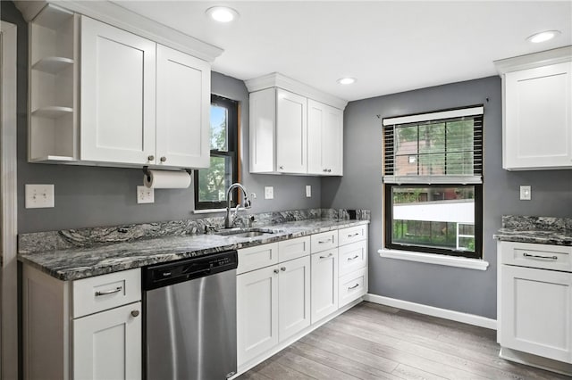 616 Highview Rd, Baldwin Twp, PA 15234 - kitchen featuring stainless steel dishwasher, plenty of natural light, white cabinetry, open shelves, and recessed lighting