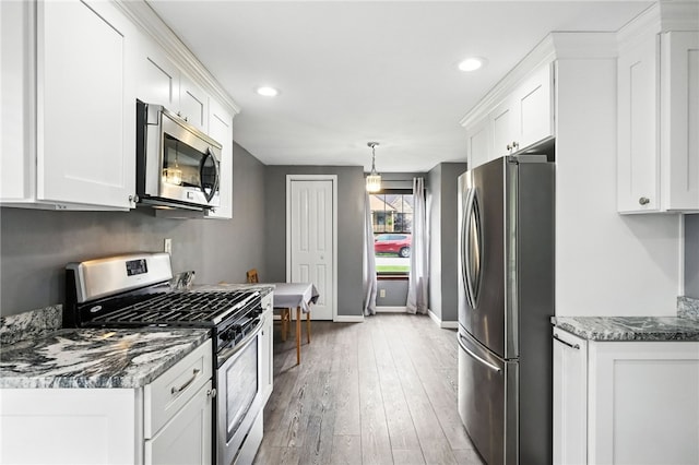 616 Highview Rd, Baldwin Twp, PA 15234 - kitchen featuring stainless steel appliances, white cabinetry, wood-type flooring, stone counters, and recessed lighting