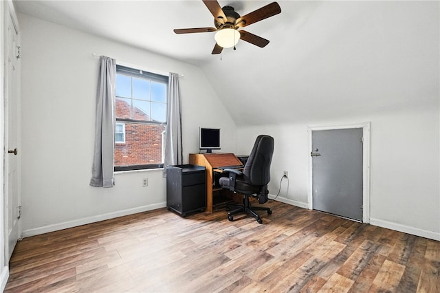 616 Highview Rd, Baldwin Twp, PA 15234 - office area featuring wood finished floors, ceiling fan, and vaulted ceiling