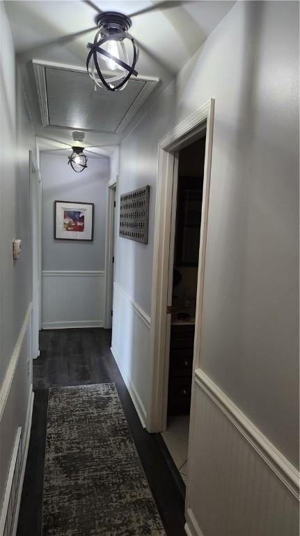 2583 Richard Rd, Franklin Park, PA 15090 - hallway featuring attic access, wainscoting, and dark wood-style flooring