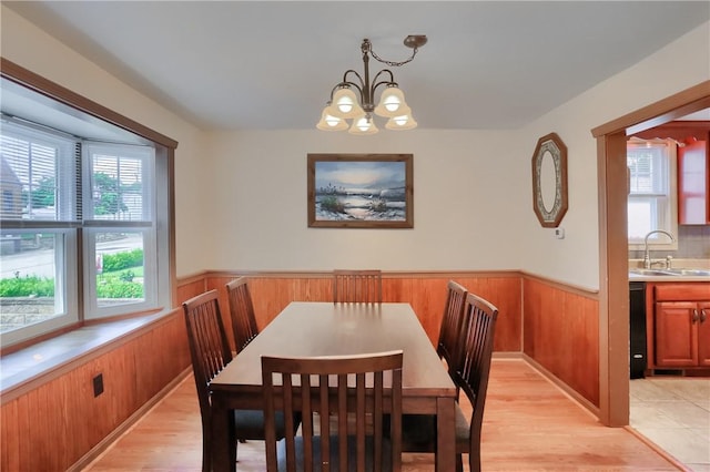 1009 Roselawn Ave, Harmony Twp, PA 15003 - dining area with wainscoting, a chandelier, light wood-style flooring, and wood walls