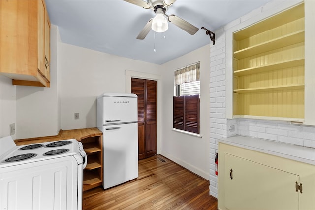 208 E 19th Ave, Munhall, PA 15120 - kitchen featuring white appliances, open shelves, light wood-style floors, light countertops, and ceiling fan