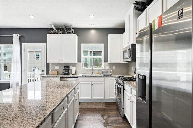4022 Crown Dr, South Park, PA 15129 - kitchen featuring appliances with stainless steel finishes, white cabinetry, recessed lighting, and dark wood-style floors