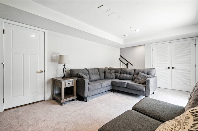 4022 Crown Dr, South Park, PA 15129 - living room with light carpet and stairway