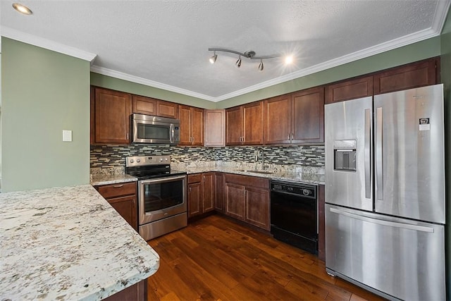 2692 Hunters Point Dr, Franklin Park, PA 15090 - kitchen with stainless steel appliances, crown molding, dark wood-style flooring, decorative backsplash, and light stone countertops