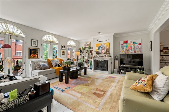 303 Schenley Rd, Squirrel Hill, PA 15217 - living area with healthy amount of natural light, light tile patterned flooring, ornamental molding, and a glass covered fireplace