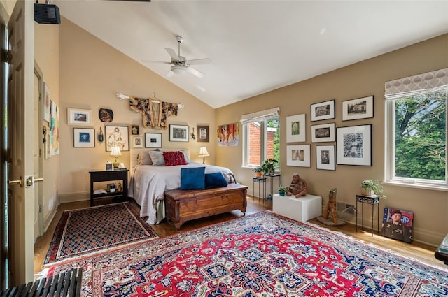 303 Schenley Rd, Squirrel Hill, PA 15217 - bedroom featuring wood finished floors, high vaulted ceiling, and a ceiling fan