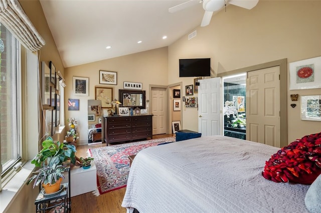 303 Schenley Rd, Squirrel Hill, PA 15217 - bedroom featuring wood finished floors, high vaulted ceiling, multiple windows, recessed lighting, and a ceiling fan