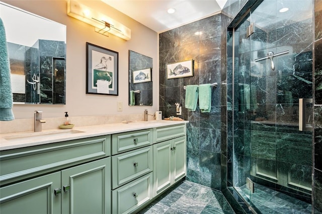 303 Schenley Rd, Squirrel Hill, PA 15217 - full bath featuring double vanity, a stall shower, marble finish flooring, and recessed lighting