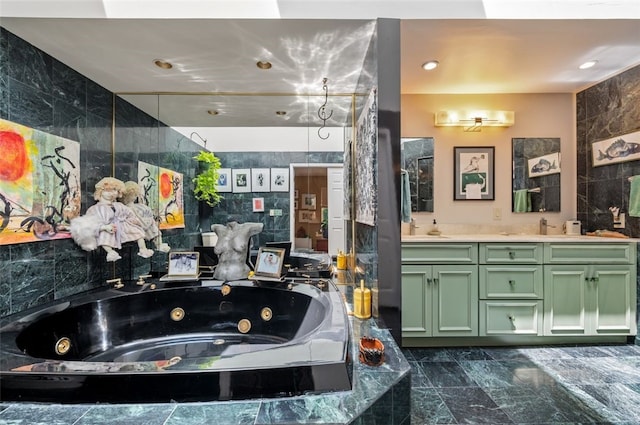 303 Schenley Rd, Squirrel Hill, PA 15217 - full bath featuring double vanity, a whirlpool tub, tile walls, and recessed lighting