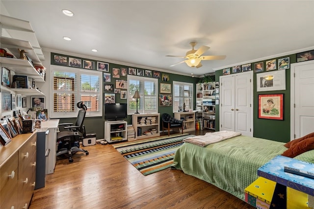 303 Schenley Rd, Squirrel Hill, PA 15217 - bedroom with a desk, ornamental molding, wood finished floors, recessed lighting, and a ceiling fan