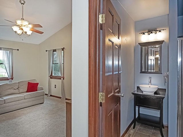 1907 Shaler Dr, Shaler, PA 15116 - bathroom with healthy amount of natural light, a ceiling fan, vanity, and lofted ceiling
