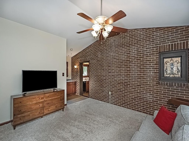1907 Shaler Dr, Shaler, PA 15116 - carpeted living area with brick wall, lofted ceiling, and a ceiling fan