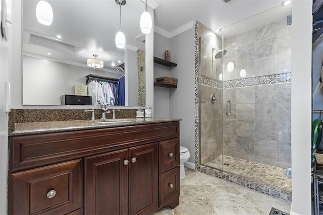 108 Oak Pointe Dr, Monroeville, PA 15146 - full bathroom featuring crown molding, a stall shower, vanity, and a walk in closet