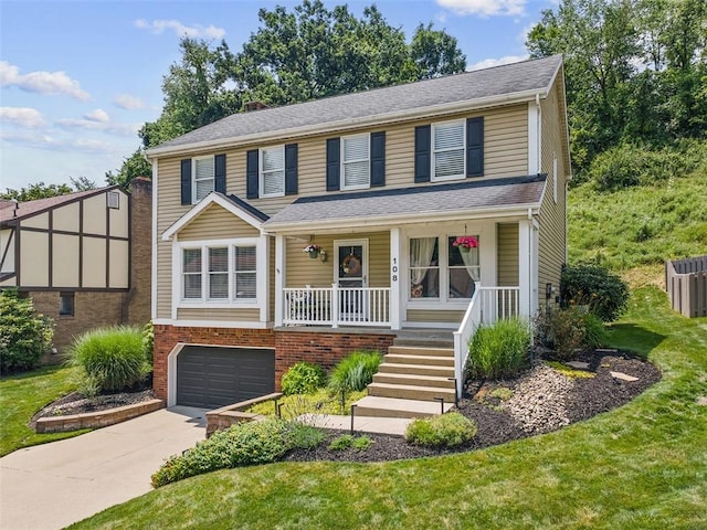 108 Oak Pointe Dr, Monroeville, PA 15146 - view of front facade with a porch, a garage, driveway, stairway, and a chimney