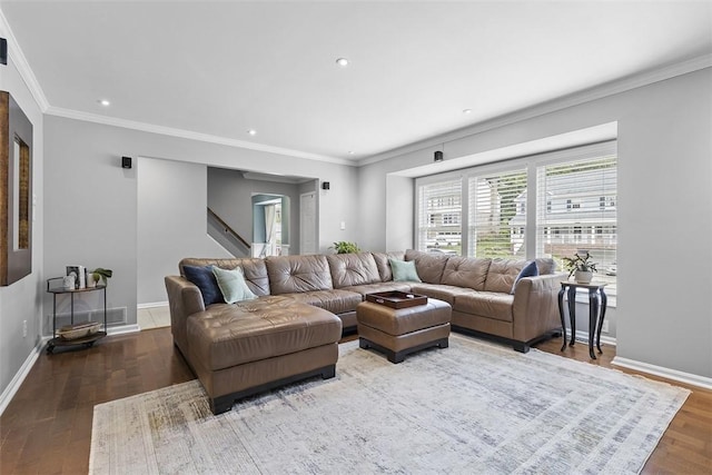 108 Oak Pointe Dr, Monroeville, PA 15146 - living room featuring recessed lighting, wood finished floors, ornamental molding, and stairs