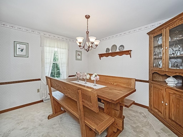 141 Clover Ln, Pine Twp, PA 15044 - dining room featuring wallpapered walls, light colored carpet, and a chandelier