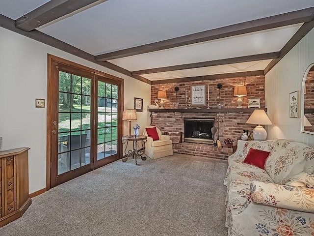 141 Clover Ln, Pine Twp, PA 15044 - living room featuring carpet floors, beamed ceiling, and a fireplace