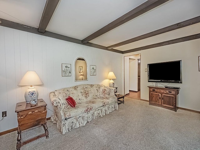 141 Clover Ln, Pine Twp, PA 15044 - carpeted living room featuring beamed ceiling and baseboards