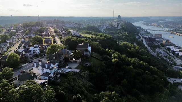 410 Bailey Ave, Mt Washington, PA 15211 - aerial view of property and surrounding area featuring a notable bridge, property boundaries highlighted, and a large body of water