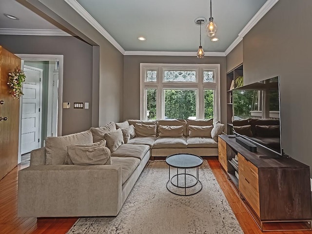 410 Bailey Ave, Mt Washington, PA 15211 - living room with wood finished floors, ornamental molding, and recessed lighting
